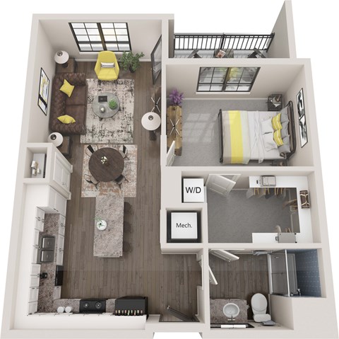A floor plan of a small apartment with a living room, kitchen, and bathroom.